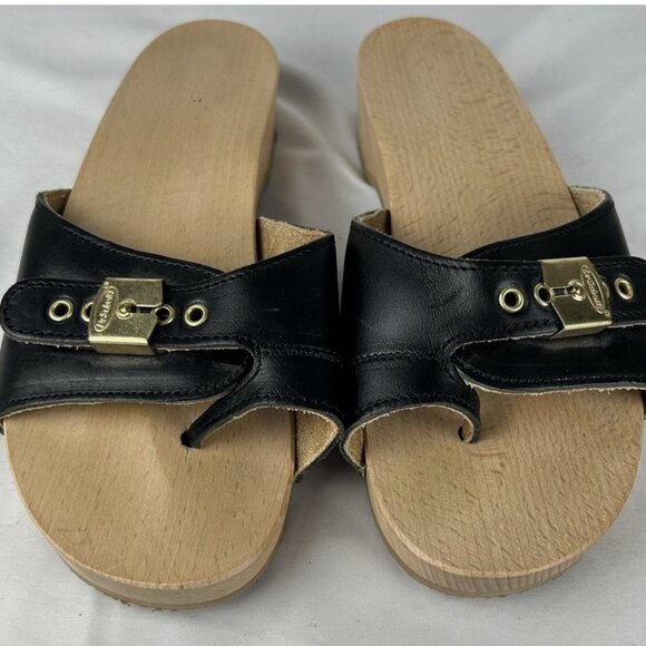 Vintage Dr Scholls Black Toe Loop Wooden Leather Sandals Clogs Womens 9 Rare - Picture 1 of 8